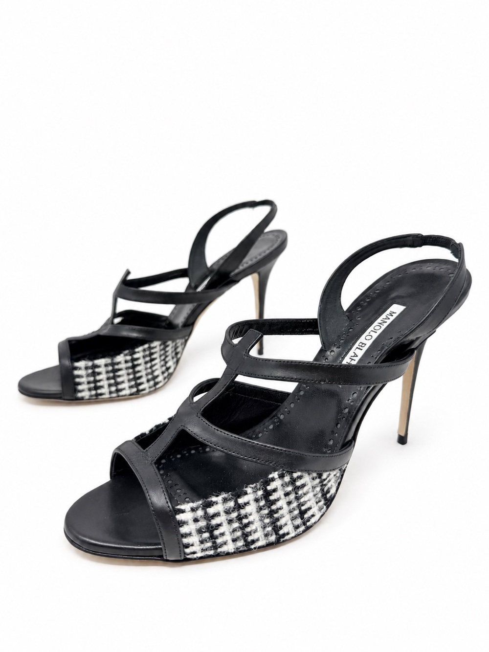 Manolo Blahnik Black White Tweed Slingback Strappy Heels Womens Size EU 41